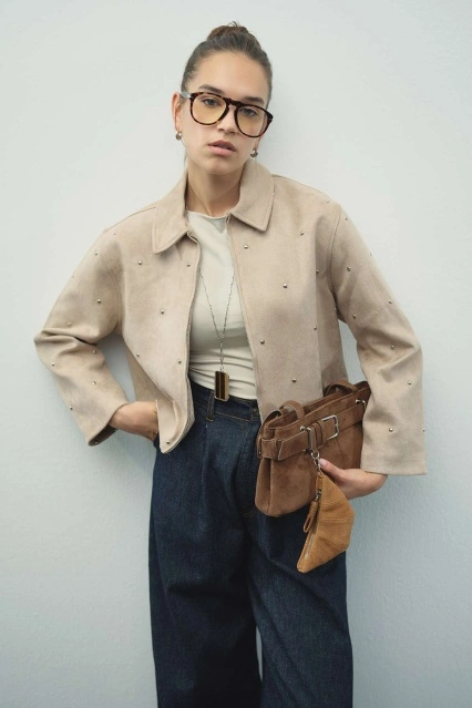 Premium Kısa Süet Bej Ceket