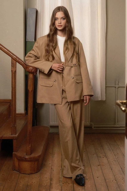 Premium Kruvaze Camel Blazer Ceket