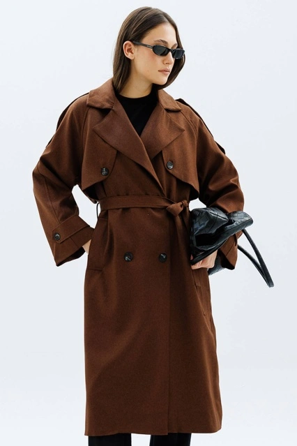 Premium Kruvaze Kahve Trençkot