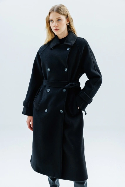 Premium Kruvaze Siyah Kaşe Kaban