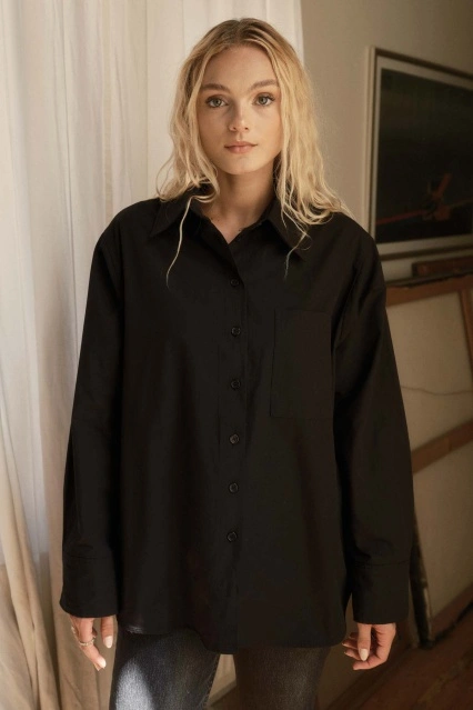 Premium Oversıze Basic Poplin Siyah Gömlek