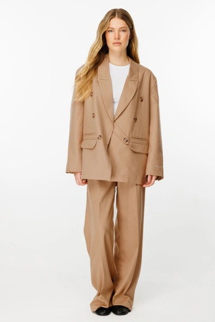 Premium Pileli Palazzo Camel Pantolon