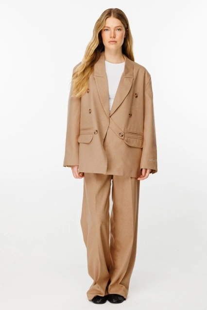 Premium Pileli Palazzo Camel Pantolon