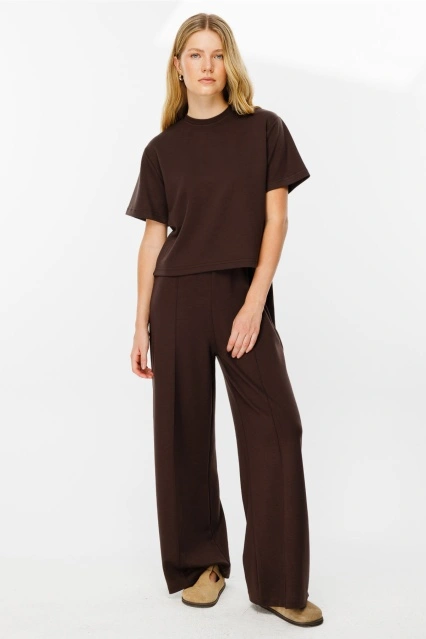 Rahat Kesim Bol Paça Kahve Pamuk Pantolon