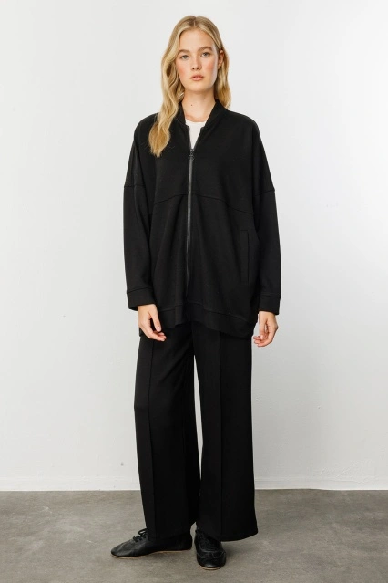 Rahat Kesim Bol Paça Siyah Pamuk Pantolon