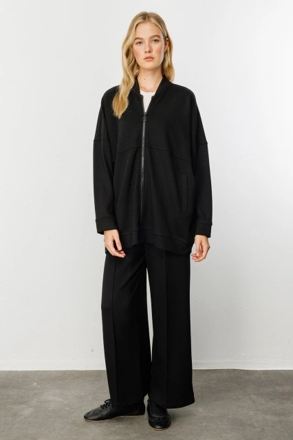 Rahat Kesim Bol Paça Siyah Pamuk Pantolon