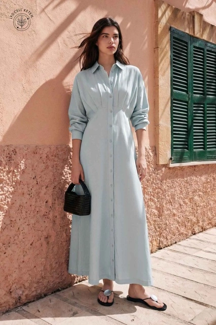 Reglan Kol Düğmeli Bebe Mavisi Elbise