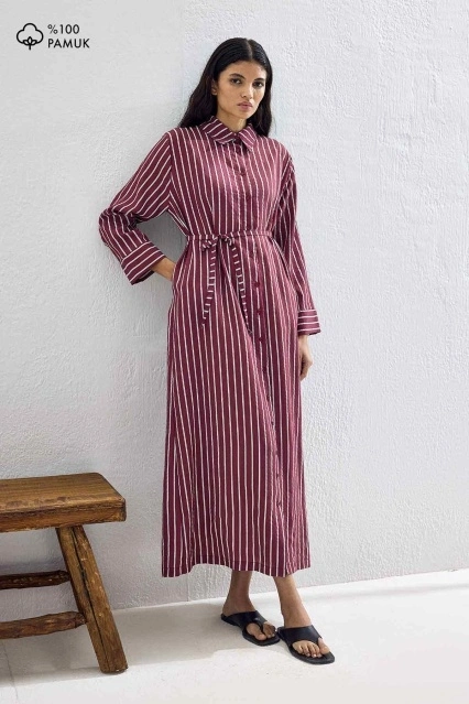 Robi Çizgili Bordo Modal Elbise
