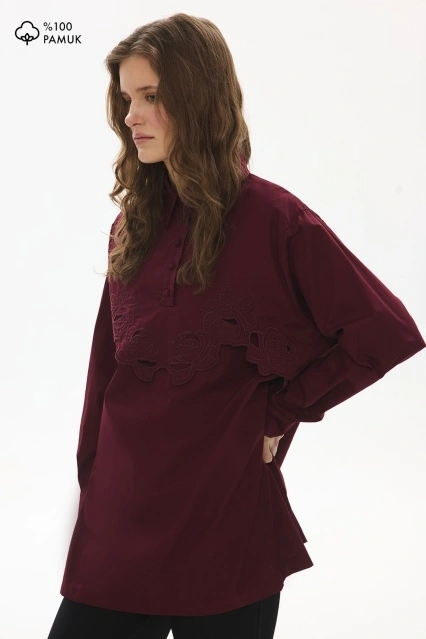 Rose Nakış Detaylı Poplin Bordo Gömlek Rose Nakış Detaylı Poplin Bordo Gömlek