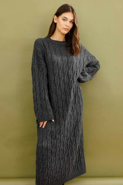 Saç Örgü Motifli Antrasit Triko Elbise