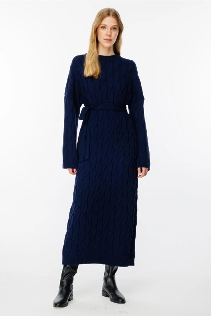 Saç Örgü Motifli Lacivert Triko Elbise