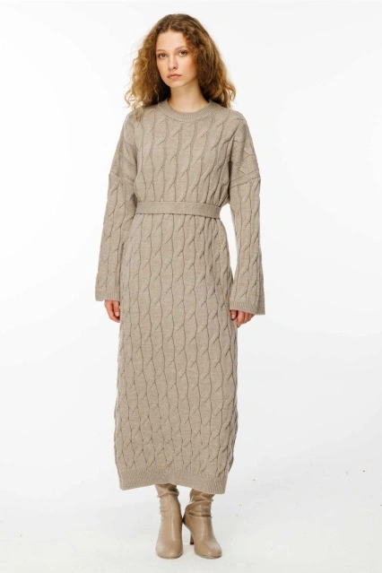 Saç Örgü Motifli Vizon Triko Elbise