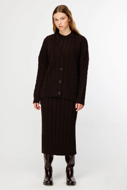 Saç Örgü Triko Kahve Elbise Hırka Takım