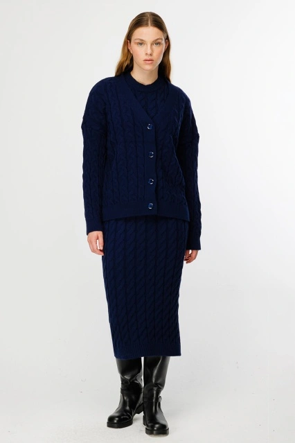 Saç Örgü Triko Lacivert Elbise Hırka Takım