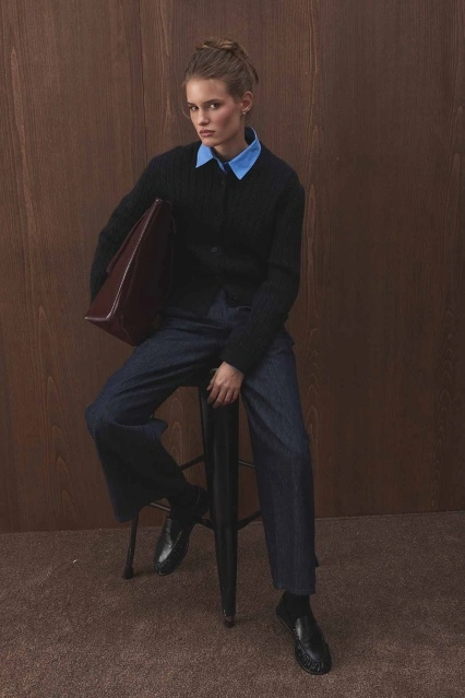 Saç Örgü Triko Lacivert Hırka