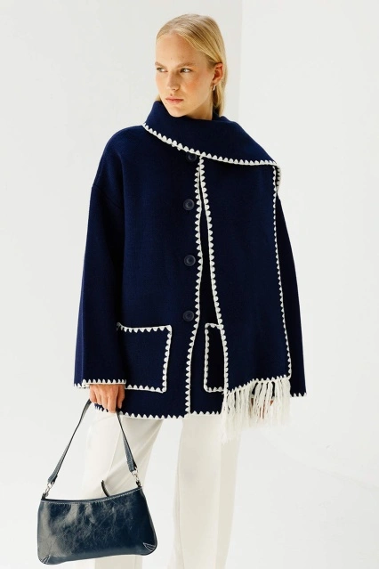 Şal Yaka Biyeli Triko Hırka - Lacivert