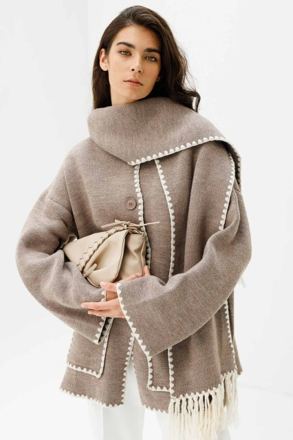 Şal Yaka Biyeli Triko Hırka - Vizon