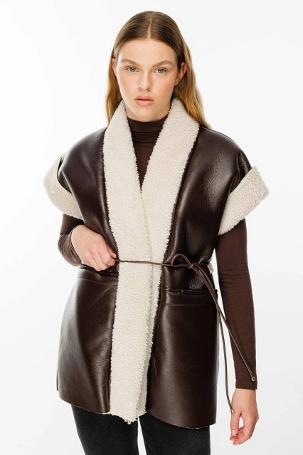 Şal Yaka Kürklü Deri Yelek - Kahve