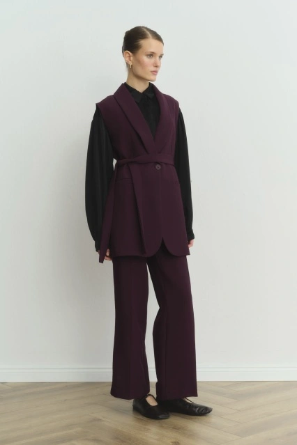 Şal Yaka Yelekli Bordo Krep Takım