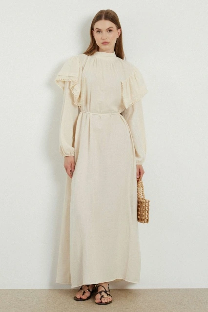 Şerit Detaylı Organik Naturel Müslin Elbise