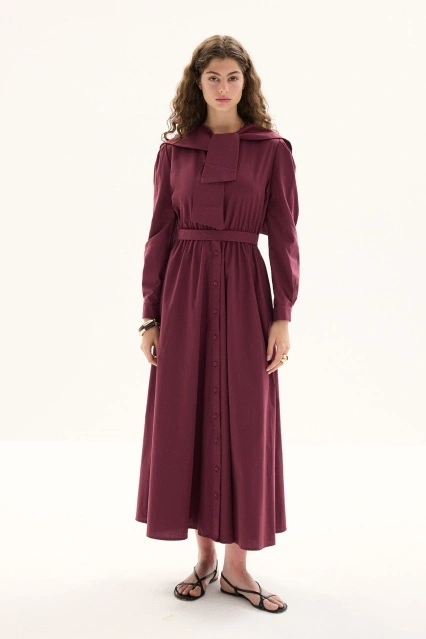 Seyyar Denizci Yaka Detaylı Pamuklu Bordo Elbise