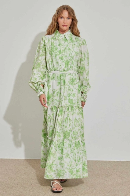 Soft Floral Keten Yeşil Elbise