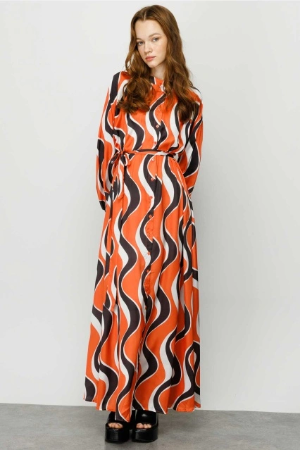 Spiral Desenli Elbise - Turuncu