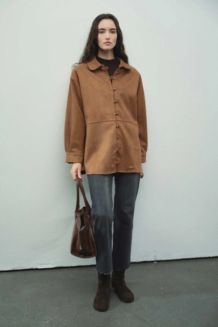 Suede Birit Detaylı Kahve Süet Gömlek