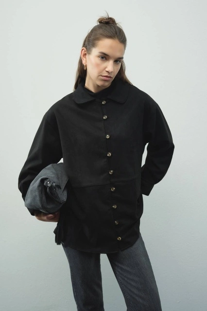 Suede Birit Detaylı Siyah Süet Gömlek