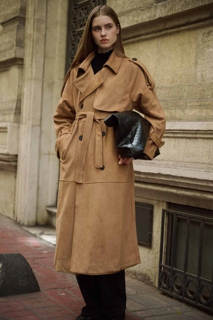 Süet Camel Trençkot