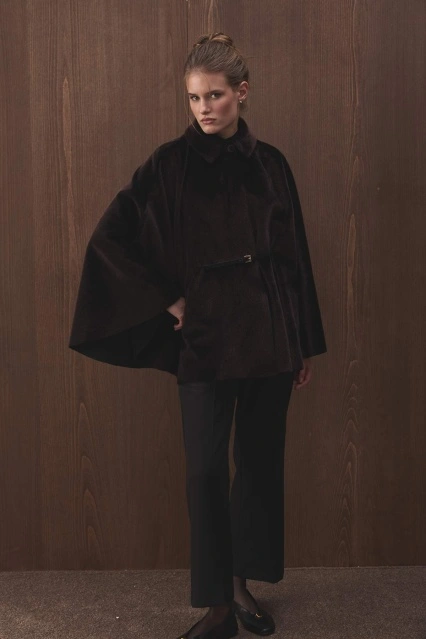 Süet Kemer Detaylı Pelerin Kahve Kaban