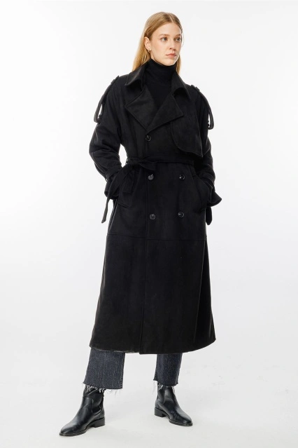 Süet Siyah Trençkot