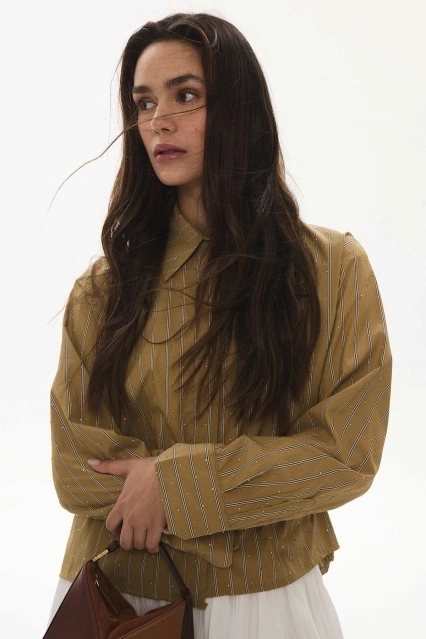 Taş İşlemeli Çizgili Camel Gömlek Taş İşlemeli Çizgili Camel Gömlek