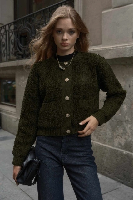 Tedy Dokulu Premium Haki Hırka