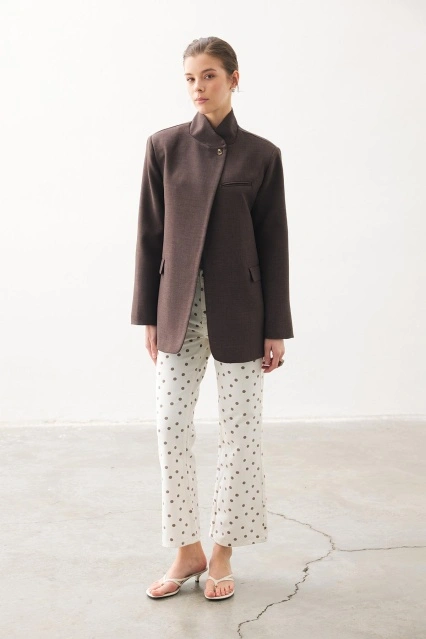 Tek Düğmeli Dik Yaka Blazer Kahve Ceket