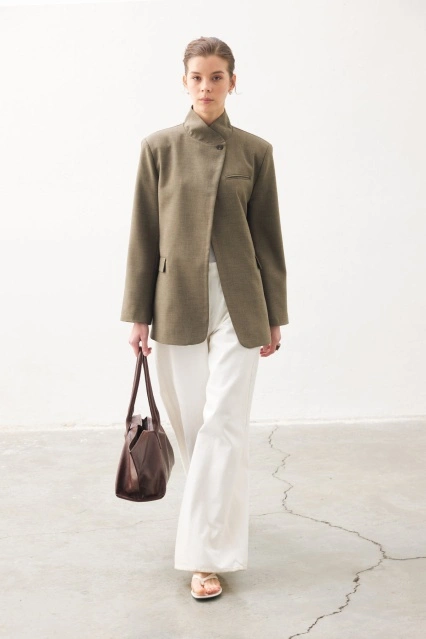 Tek Düğmeli Dik Yaka Blazer Vizon Ceket