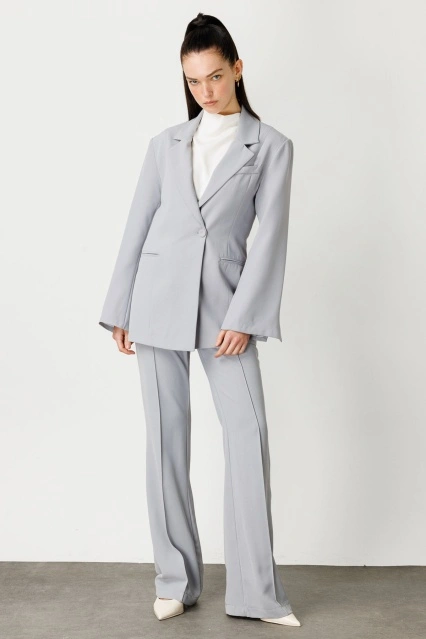 Tek Düğmeli Kruvaze Fit Blazer Gri Ceket