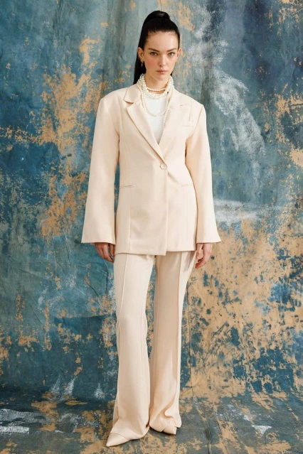 Tek Düğmeli Kruvaze Fit Blazer Taş Ceket