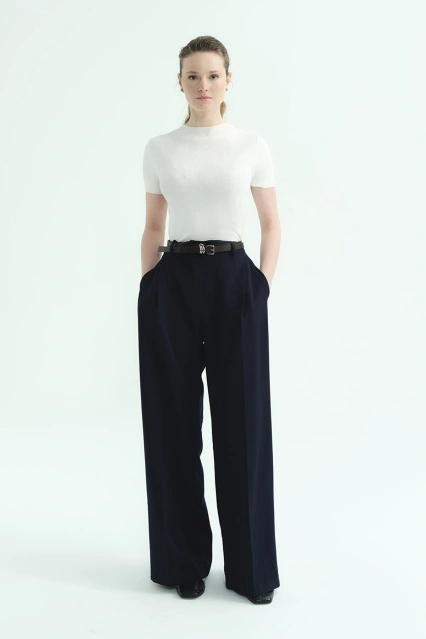 Tek Pileli Palazzo Lacivert Pantolon