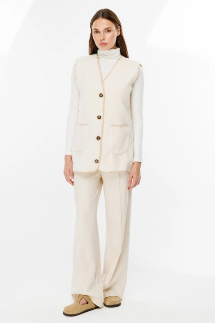 Tığ İşi Kırık Beyaz Kovboy Yelek