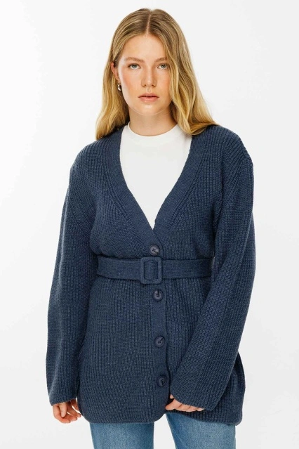 Tokalı Kemerli İndigo Hırka