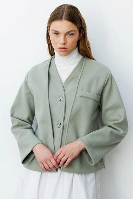 Trocape Yakasız Çağla Kaşe Ceket