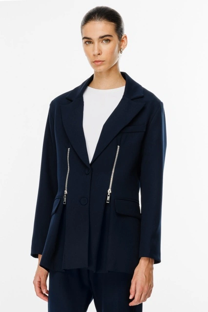 Fermuar Detaylı Lacivert Blazer Ceket