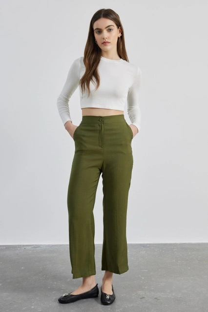 Ütü İzli Pamuk Viskon Haki Pantolon