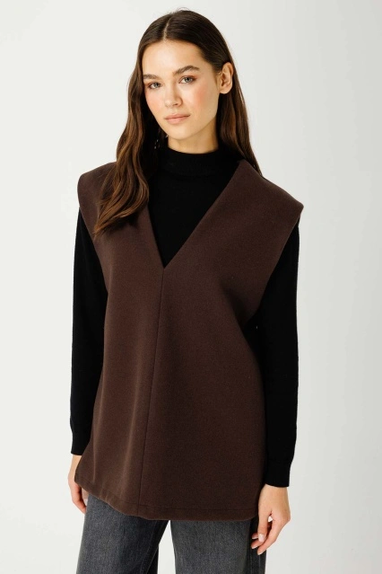 V Yaka Kaşe Koyu Kahve Süveter