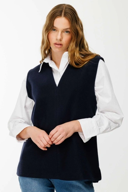 V Yaka Kaşe Lacivert Süveter