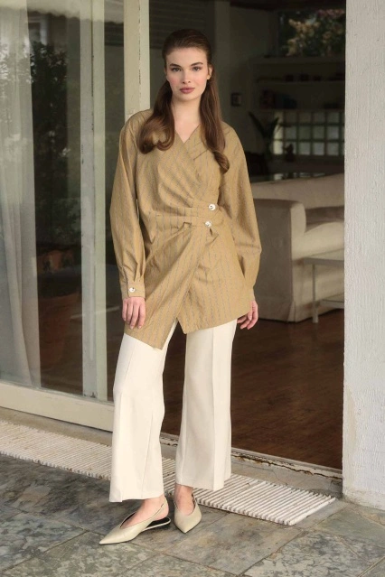 Verev Kapama Çizgili Poplin Kahve Gömlek