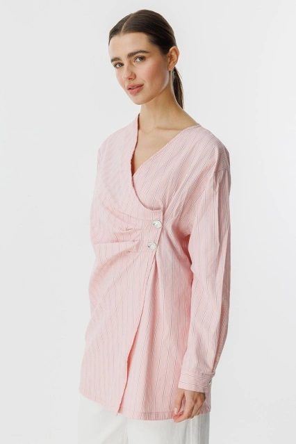 Verev Kapama Çizgili Poplin Yavruağzı Gömlek