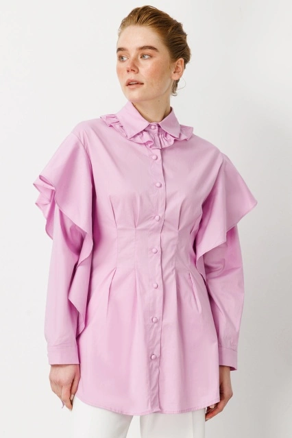 Volan Detaylı Poplin Açık Lila Gömlek
