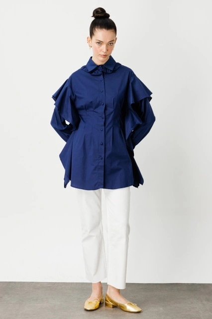 Volan Detaylı Poplin Lacivert Gömlek